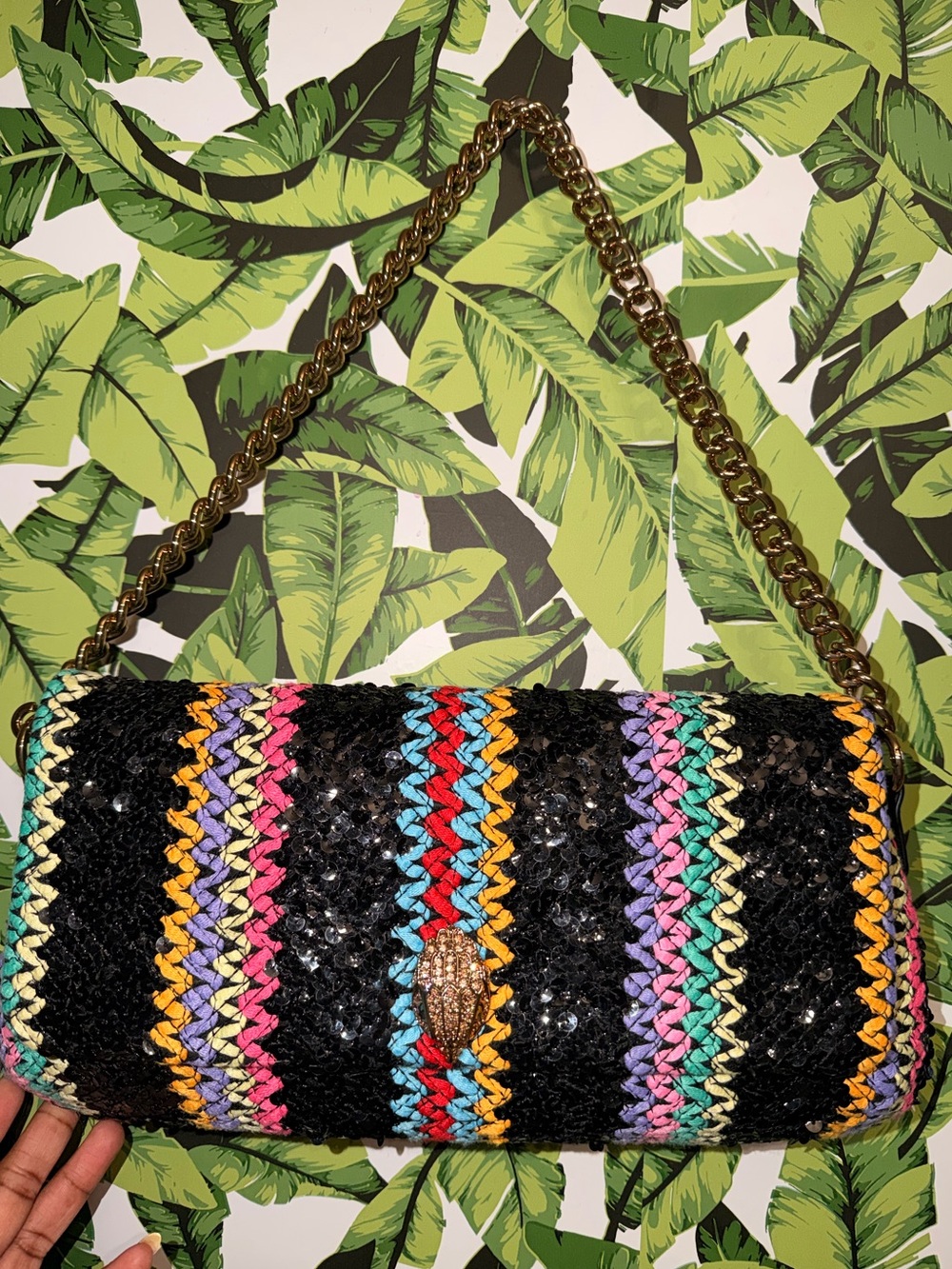 Kurt Geiger Black Sequin Multicolor Striped Chain Shoulder Bag